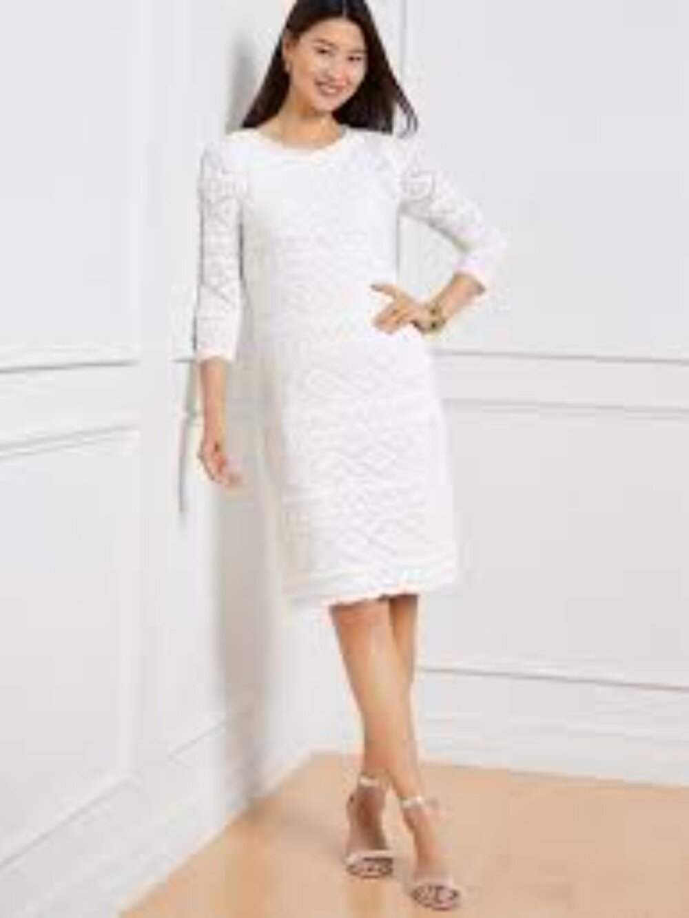 Talbots White Crochet Knit Long Sleeve Midi Dress